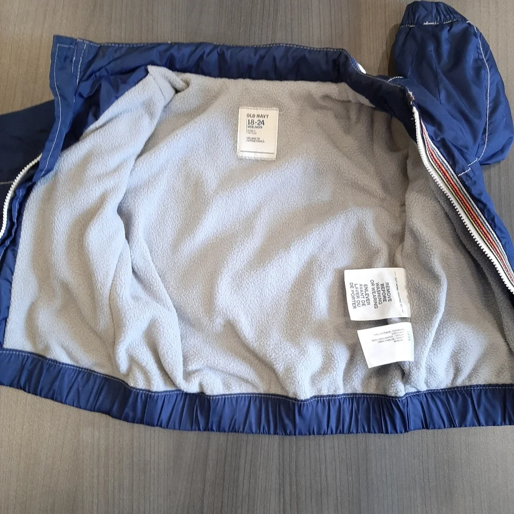 Old Navy Fleece Lined Windbreaker Jacket Retro Style Stowaway Hood Blue 18m 24m